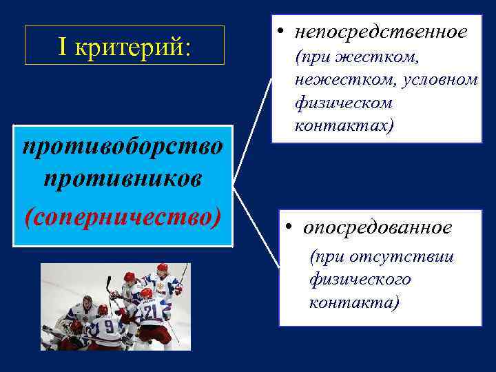 I критерий: противоборство противников (соперничество) • непосредственное (при жестком, нежестком, условном физическом контактах) •
