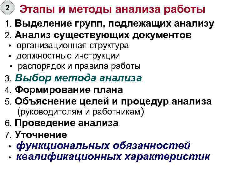 2 Этапы и методы анализа работы 1. Выделение групп, подлежащих анализу 2. Анализ существующих