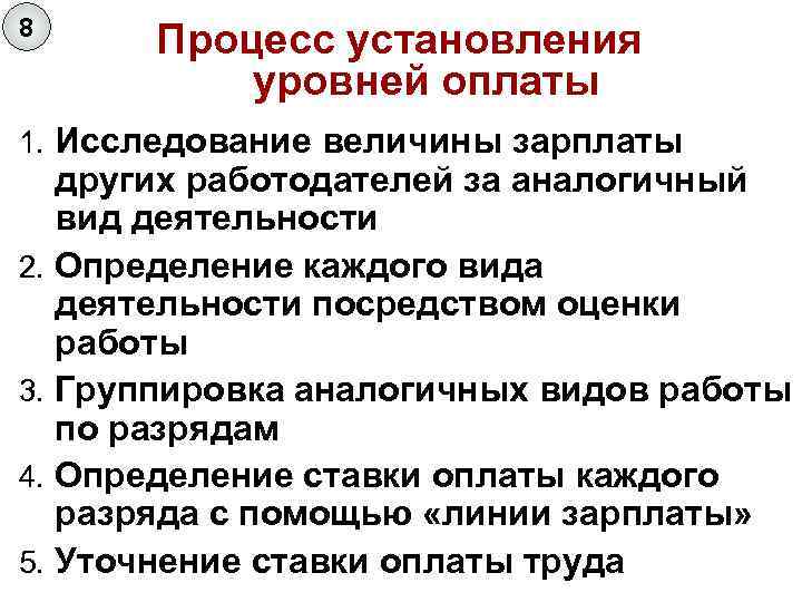 8 Процесс установления уровней оплаты 1. Исследование величины зарплаты других работодателей за аналогичный вид