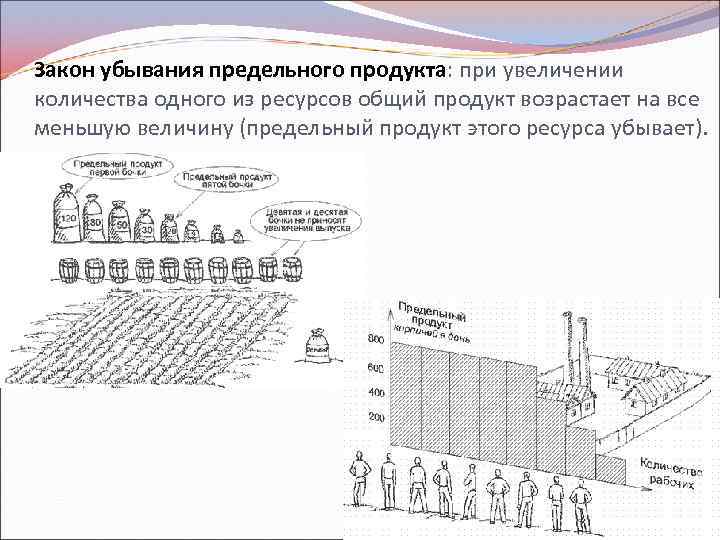 Закон убывания предельного продукта: при увеличении количества одного из ресурсов общий продукт возрастает на