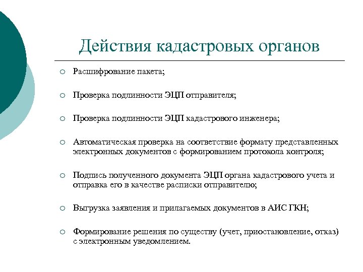 Действия кадастровых органов ¡ Расшифрование пакета; ¡ Проверка подлинности ЭЦП отправителя; ¡ Проверка подлинности
