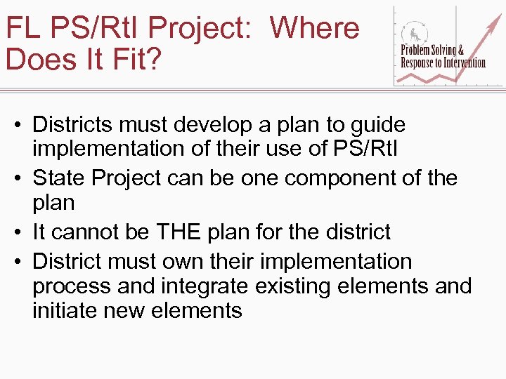 FL PS/Rt. I Project: Where Does It Fit? • Districts must develop a plan