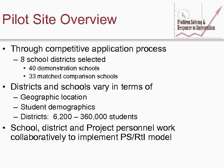 Pilot Site Overview • Through competitive application process – 8 school districts selected •
