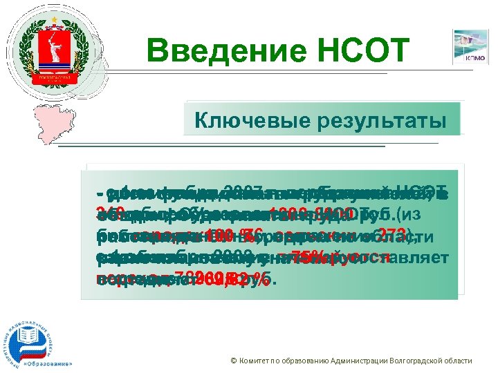 Введение НСОТ Ключевые результаты - с 1 сентября 2007 г. перешли на НСОТ -