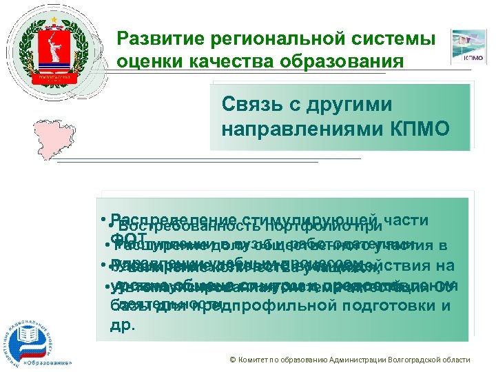 Развитие региональной системы оценки качества образования Связь с другими направлениями КПМО • • Востребованность