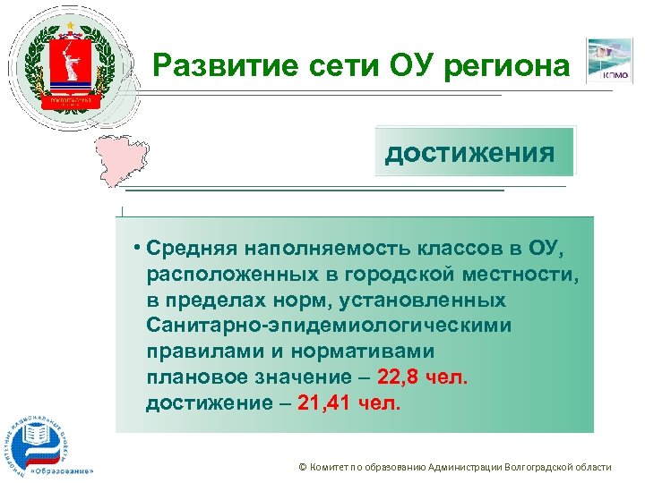 Развитие сети ОУ региона достижения • Средняя наполняемость классов в ОУ, расположенных в городской