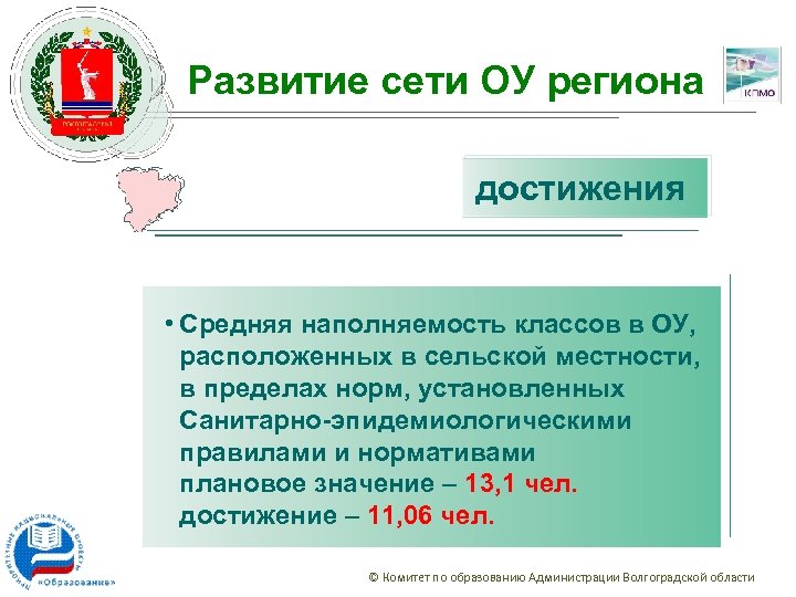 Развитие сети ОУ региона достижения • Средняя наполняемость классов в ОУ, расположенных в сельской