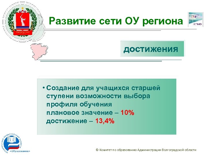 Развитие сети ОУ региона достижения • Создание для учащихся старшей ступени возможности выбора профиля