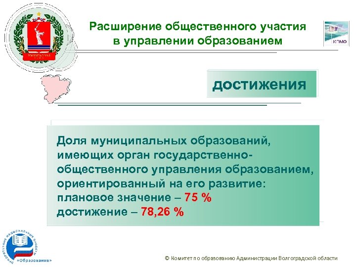 Расширение общественного участия в управлении образованием достижения Доля муниципальных образований, имеющих орган государственнообщественного управления