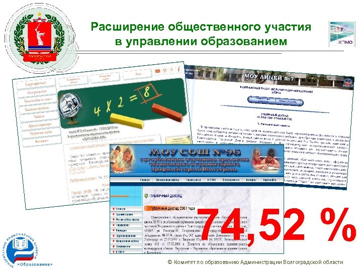 Расширение общественного участия в управлении образованием 74, 52 % © Комитет по образованию Администрации