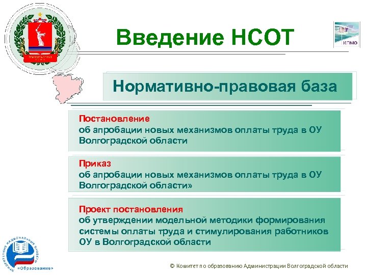 Введение НСОТ Нормативно-правовая база Постановление об апробации новых механизмов оплаты труда в ОУ Волгоградской