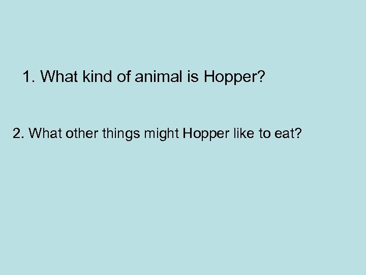 1. What kind of animal is Hopper? 2. What other things might Hopper like