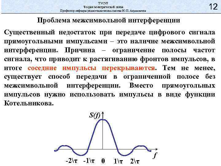 ТУСУР Теория электрической связи Профессор кафедры радиотехнических систем Ю. П. Акулиничев 12 Проблема межсимвольной