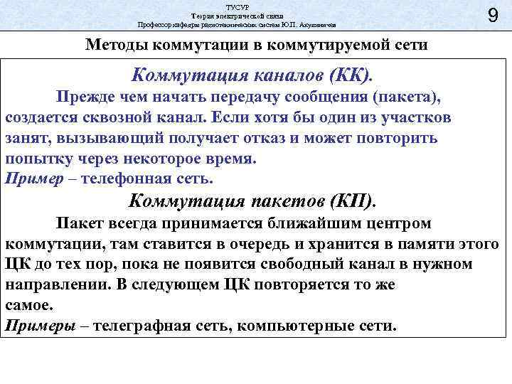 ТУСУР Теория электрической связи Профессор кафедры радиотехнических систем Ю. П. Акулиничев 9 Методы коммутации