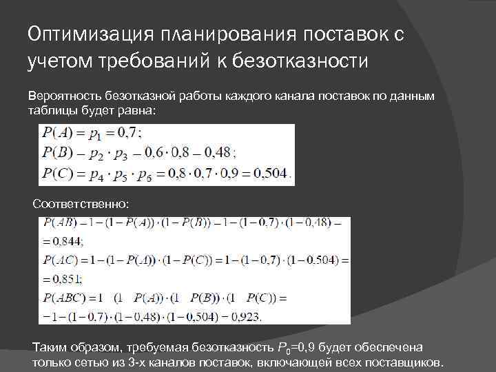 Оптимизация планирования поставок с учетом требований к безотказности Вероятность безотказной работы каждого канала поставок