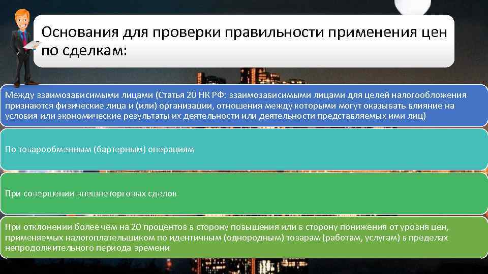Основания для проверки правильности применения цен по сделкам: Между взаимозависимыми лицами (Статья 20 НК