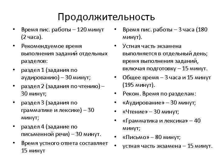 Продолжительность • Время пис. работы – 120 минут (2 часа). • Рекомендуемое время выполнения