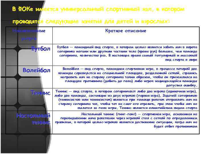 В ФОКе имеется универсальный спортивный зал, в котором проводятся следующие занятия для детей и