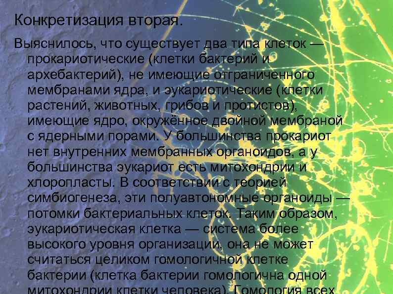 Конкретизация вторая. Выяснилось, что существует два типа клеток — прокариотические (клетки бактерий и архебактерий),