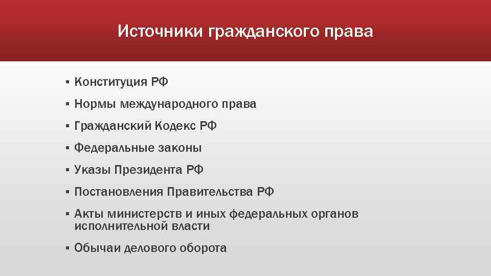 Источники гражданского права § Конституция РФ § Нормы международного права § Гражданский Кодекс РФ