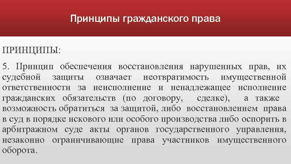 Принципы гражданского права ПРИНЦИПЫ: 5. Принцип обеспечения восстановления нарушенных прав, их судебной защиты означает