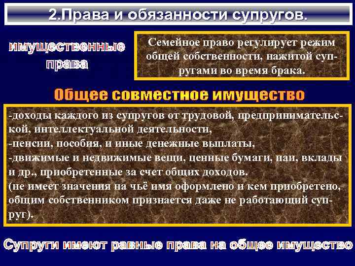 2. Права и обязанности супругов. Семейное право регулирует режим общей собственности, нажитой супругами во