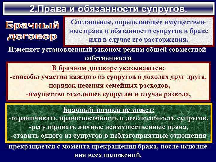 2. Права и обязанности супругов. Соглашение, определяющее имущественные права и обязанности супругов в браке