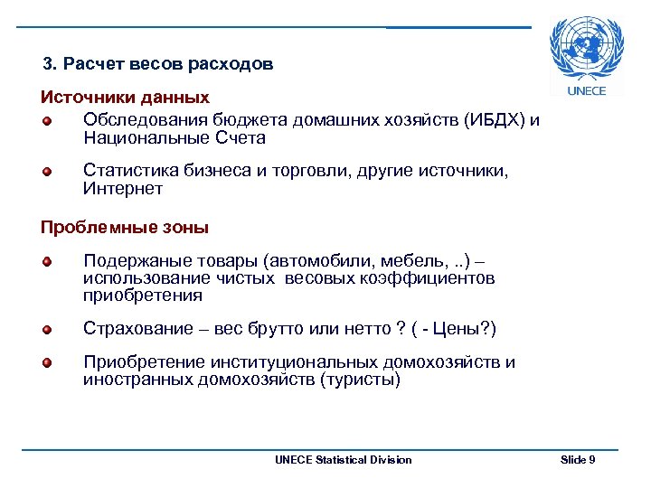 3. Расчет весов расходов Источники данных Обследования бюджета домашних хозяйств (ИБДХ) и Национальные Счета