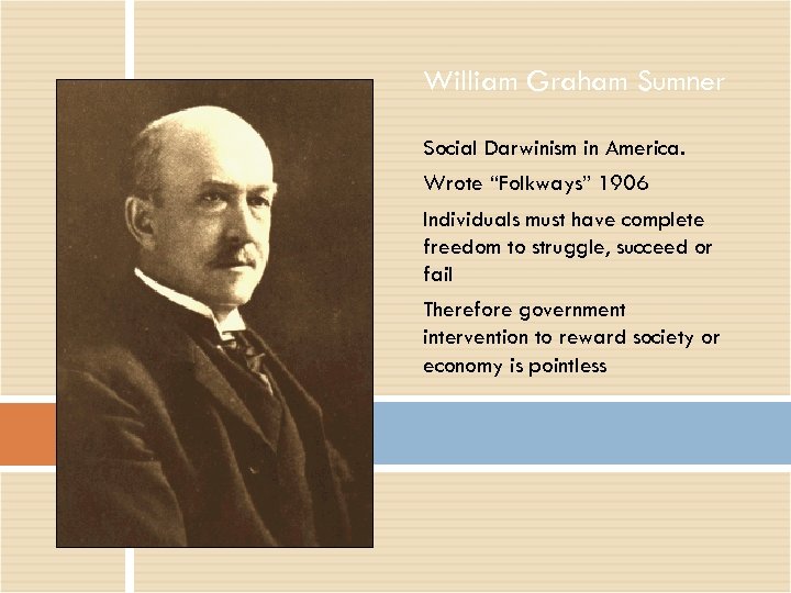 William Graham Sumner Social Darwinism in America. Wrote “Folkways” 1906 Individuals must have complete