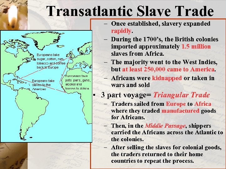 Transatlantic Slave Trade – Once established, slavery expanded rapidly. – During the 1700’s, the