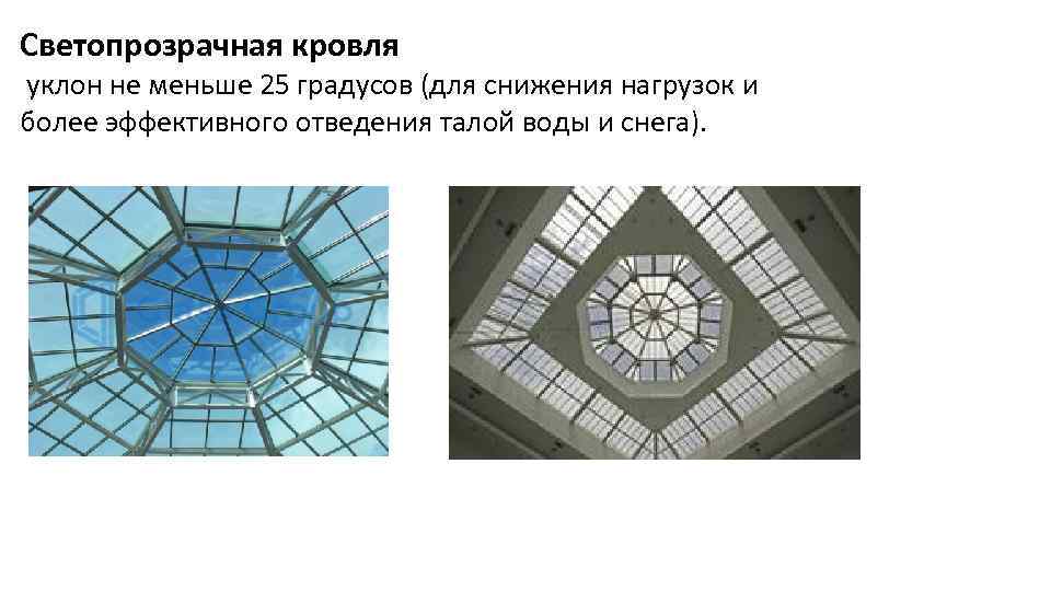 Светопрозрачная кровля уклон не меньше 25 градусов (для снижения нагрузок и более эффективного отведения