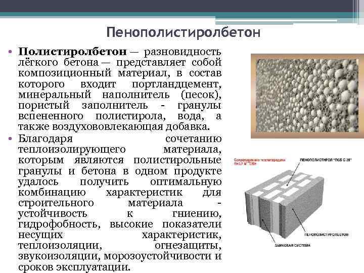 Пенополистиролбетон • Полистиролбетон — разновидность лёгкого бетона — представляет собой композиционный материал, в состав