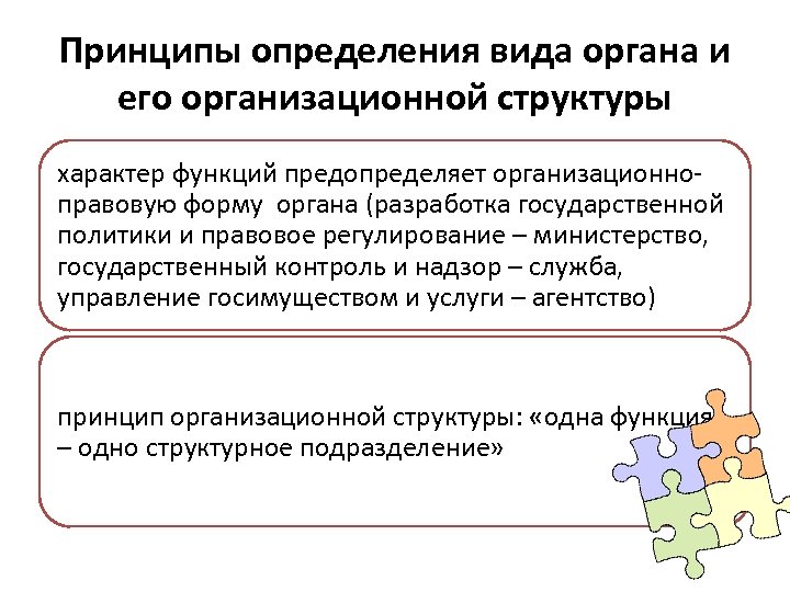 Принципы определения вида органа и его организационной структуры характер функций предопределяет организационноправовую форму органа