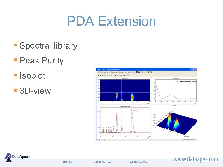 PDA Extension § Spectral library § Peak Purity § Isoplot § 3 D-view page: