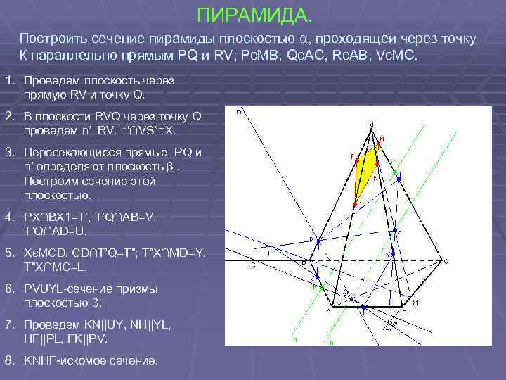 ПИРАМИДА. Построить сечение пирамиды плоскостью α, проходящей через точку К параллельно прямым PQ и