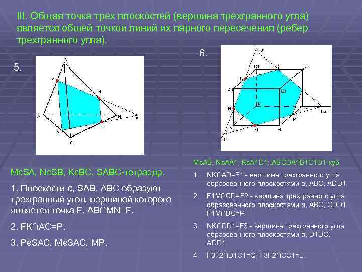III. Общая точка трех плоскостей (вершина трехгранного угла) является общей точкой линий их парного