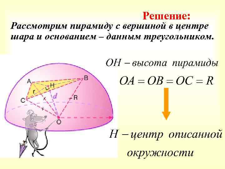 Решение: Рассмотрим пирамиду с вершиной в центре шара и основанием – данным треугольником. 