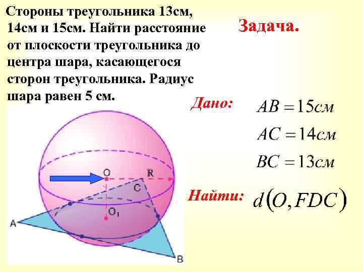 Стороны треугольника 13 см, 14 см и 15 см. Найти расстояние от плоскости треугольника
