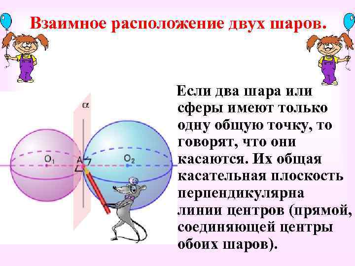 Взаимное расположение двух шаров. Если два шара или сферы имеют только одну общую точку,
