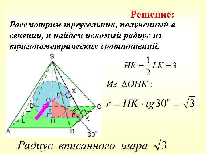 Решение: Рассмотрим треугольник, полученный в сечении, и найдем искомый радиус из тригонометрических соотношений. 