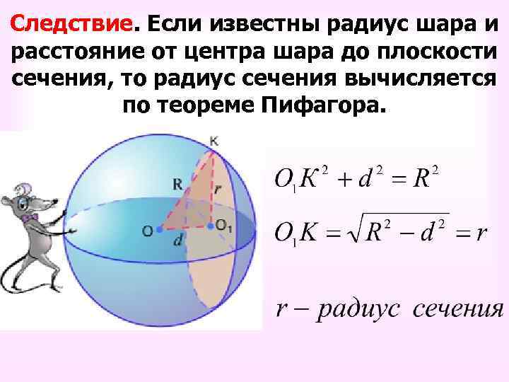 Следствие. Если известны радиус шара и расстояние от центра шара до плоскости сечения, то