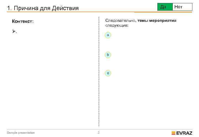 Да 1. Причина для Действия Следовательно, темы мероприятия следующие: Контекст: Ø. a b c