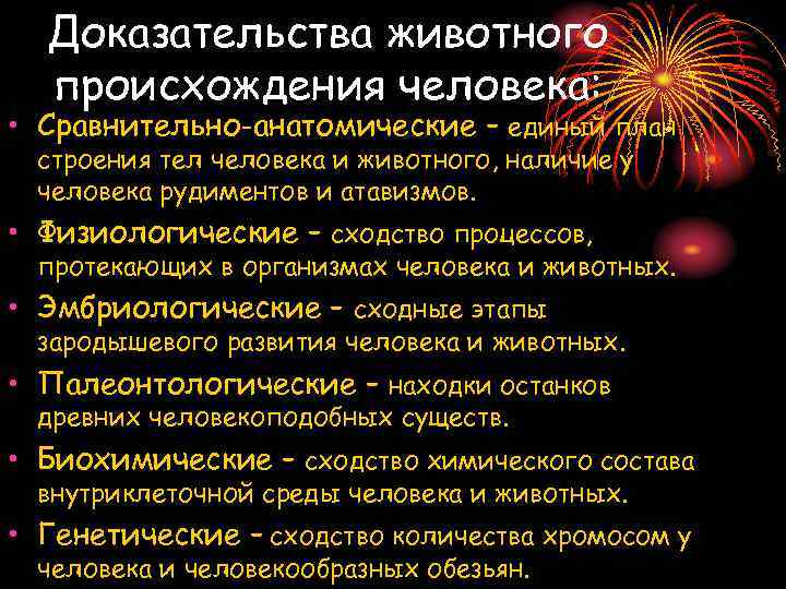 Доказательства животного происхождения человека: • Сравнительно-анатомические – единый план строения тел человека и животного,