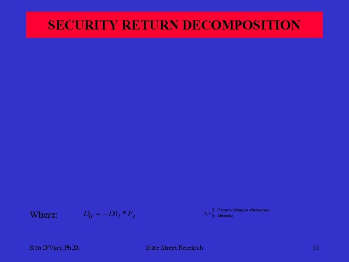 SECURITY RETURN DECOMPOSITION Where: Ron D'Vari, Ph. D. State Street Research 33 