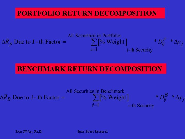 PORTFOLIO RETURN DECOMPOSITION BENCHMARK RETURN DECOMPOSITION Ron D'Vari, Ph. D. State Street Research 