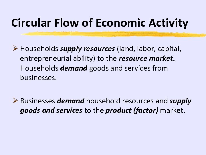 Circular Flow of Economic Activity Ø Households supply resources (land, labor, capital, entrepreneurial ability)