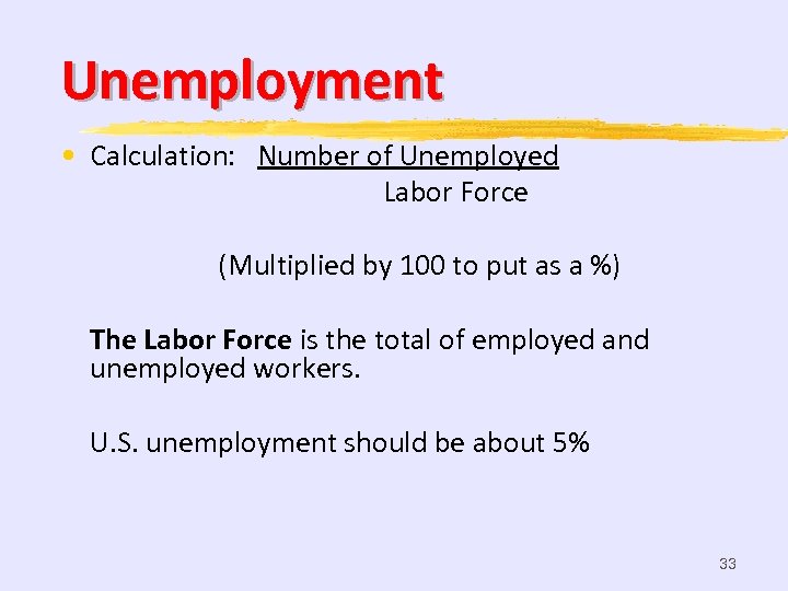 Unemployment • Calculation: Number of Unemployed Labor Force (Multiplied by 100 to put as