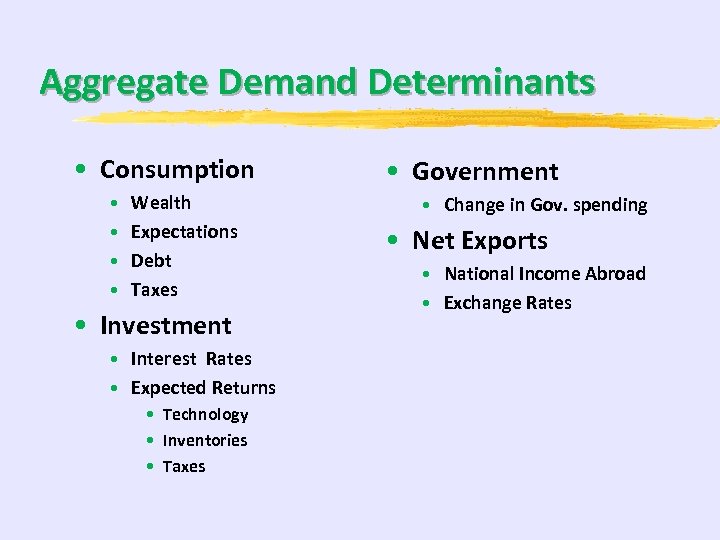 Aggregate Demand Determinants • Consumption • • Wealth Expectations Debt Taxes • Investment •