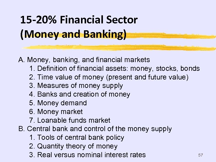 15 -20% Financial Sector (Money and Banking) A. Money, banking, and financial markets 1.