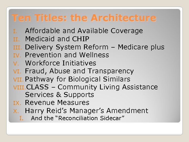 Ten Titles: the Architecture I. Affordable and Available Coverage II. Medicaid and CHIP III.